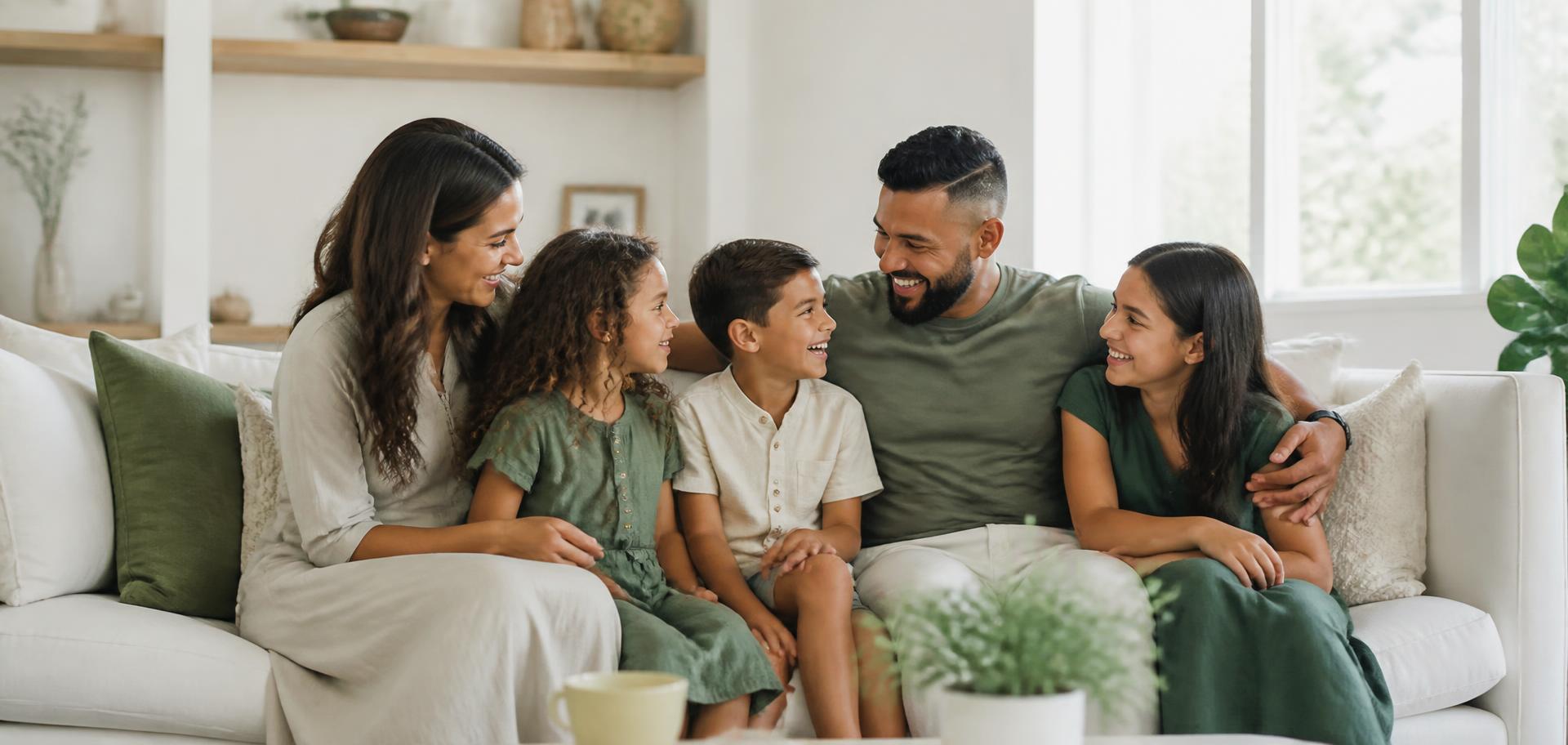 Family sitting together and smiling on a sofa in a bright living room