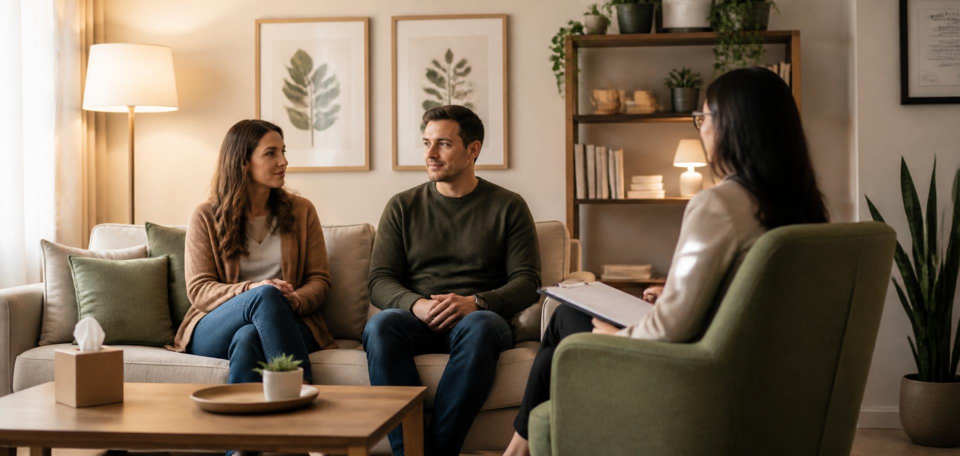 Couple speaking with a counselor in a softly lit therapy room