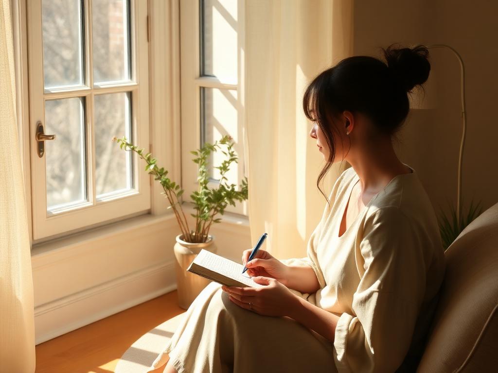 Person journaling quietly beside a sunlit window