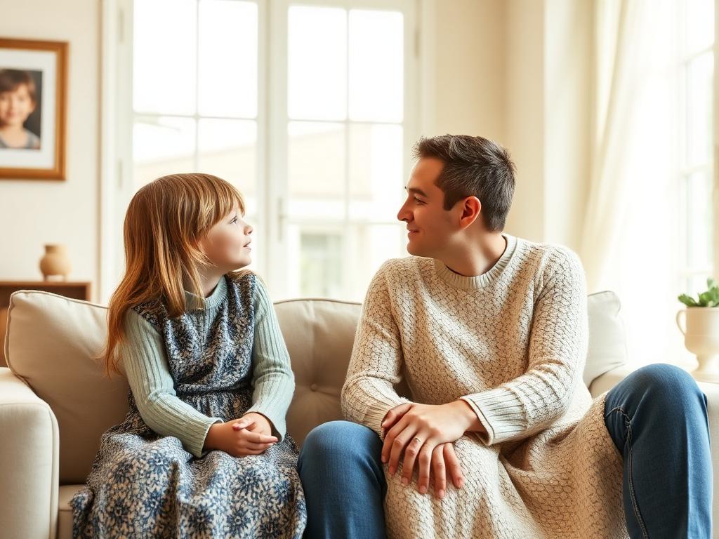 Parent and child talking together in a bright living room