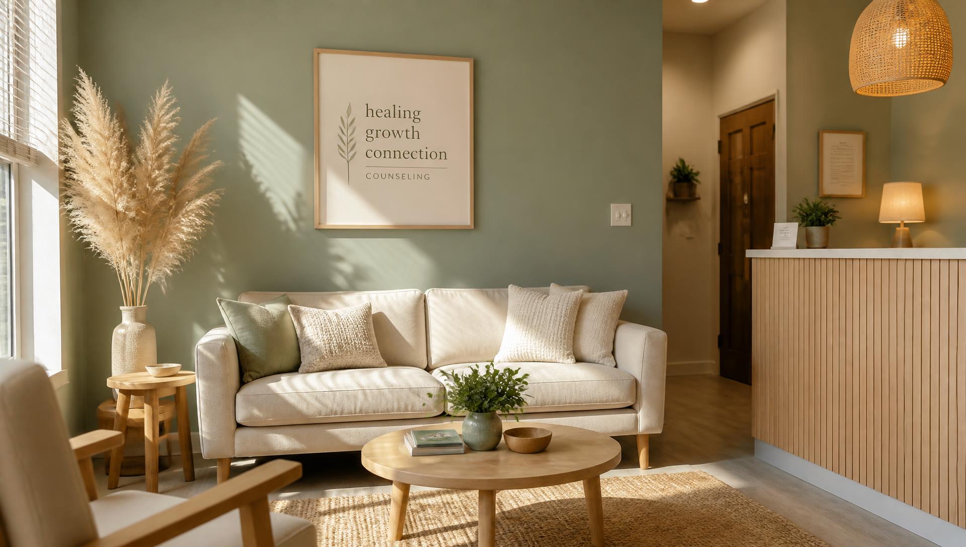 Warm counseling reception area with a cream sofa and sage green walls