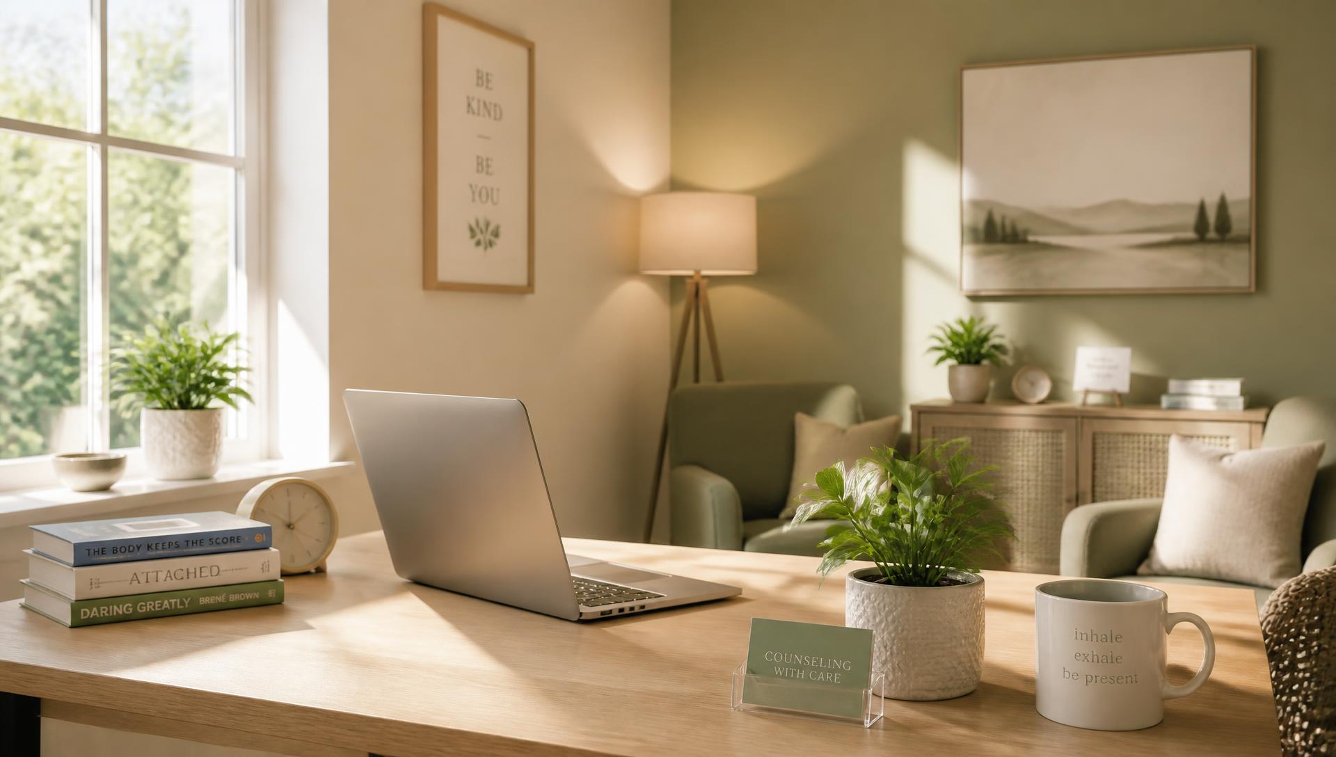 Bright counseling office desk beside a sunny window