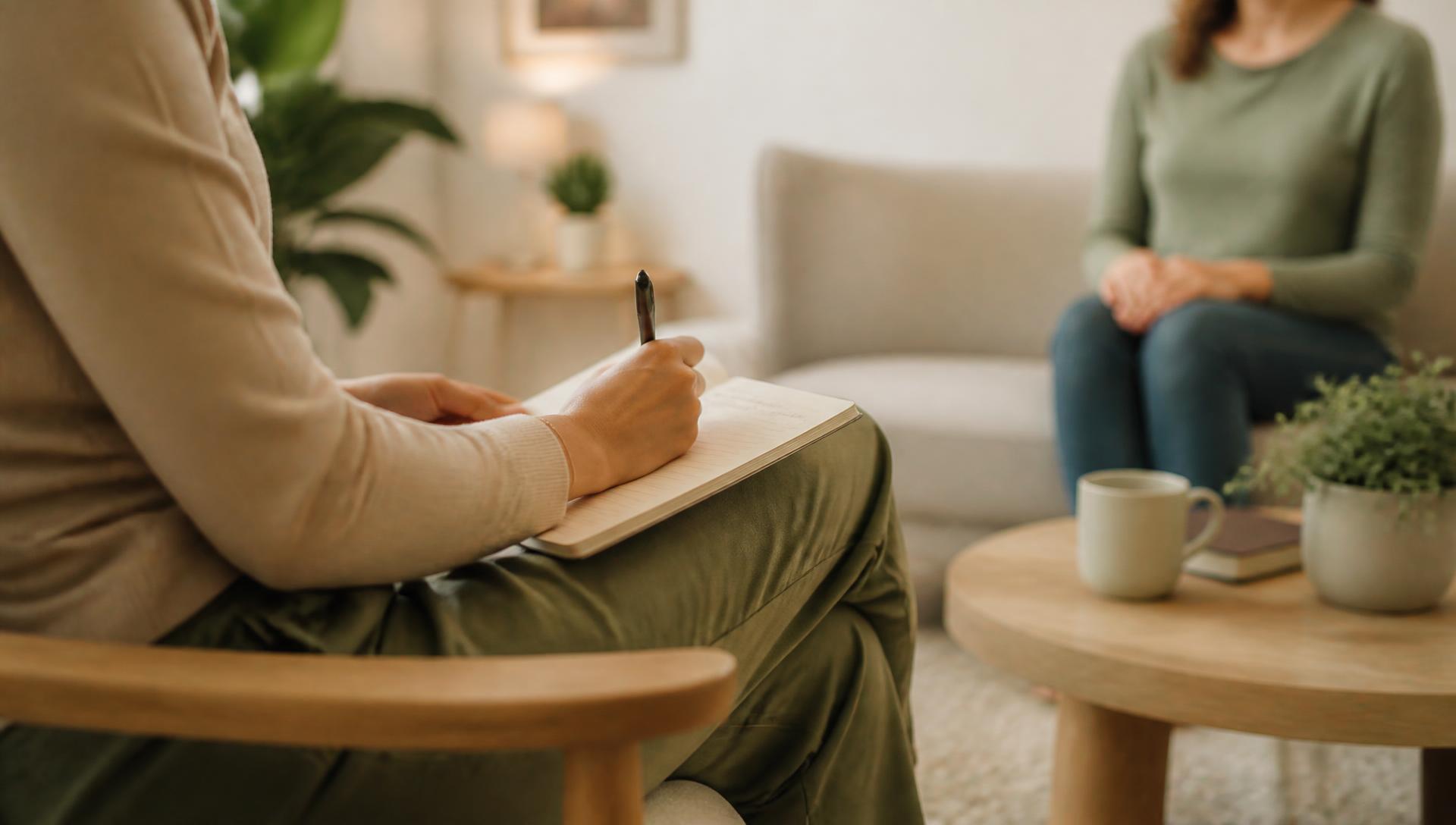 Counselor taking notes during a therapy session in a warm office